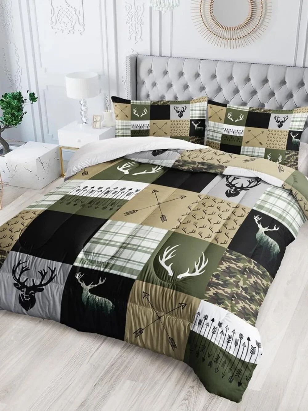 Hunting Camo Comforter Sets Queen Size，Bedding Sets for Kids,Arrows and Deers Co